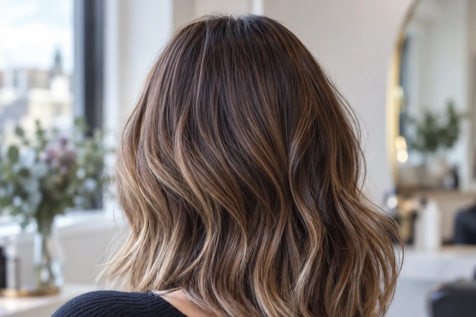 Shoulder-length wavy balayage hair with dark roots and honey-blonde highlights in salon background