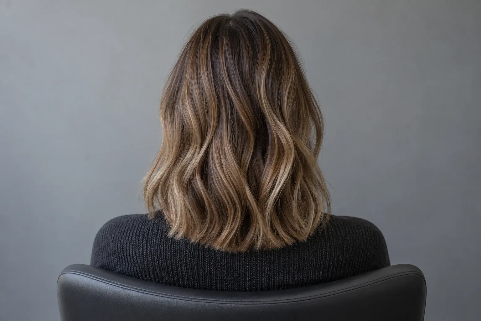 Shoulder-length brown hair with blonde highlights in loose waves, back view
