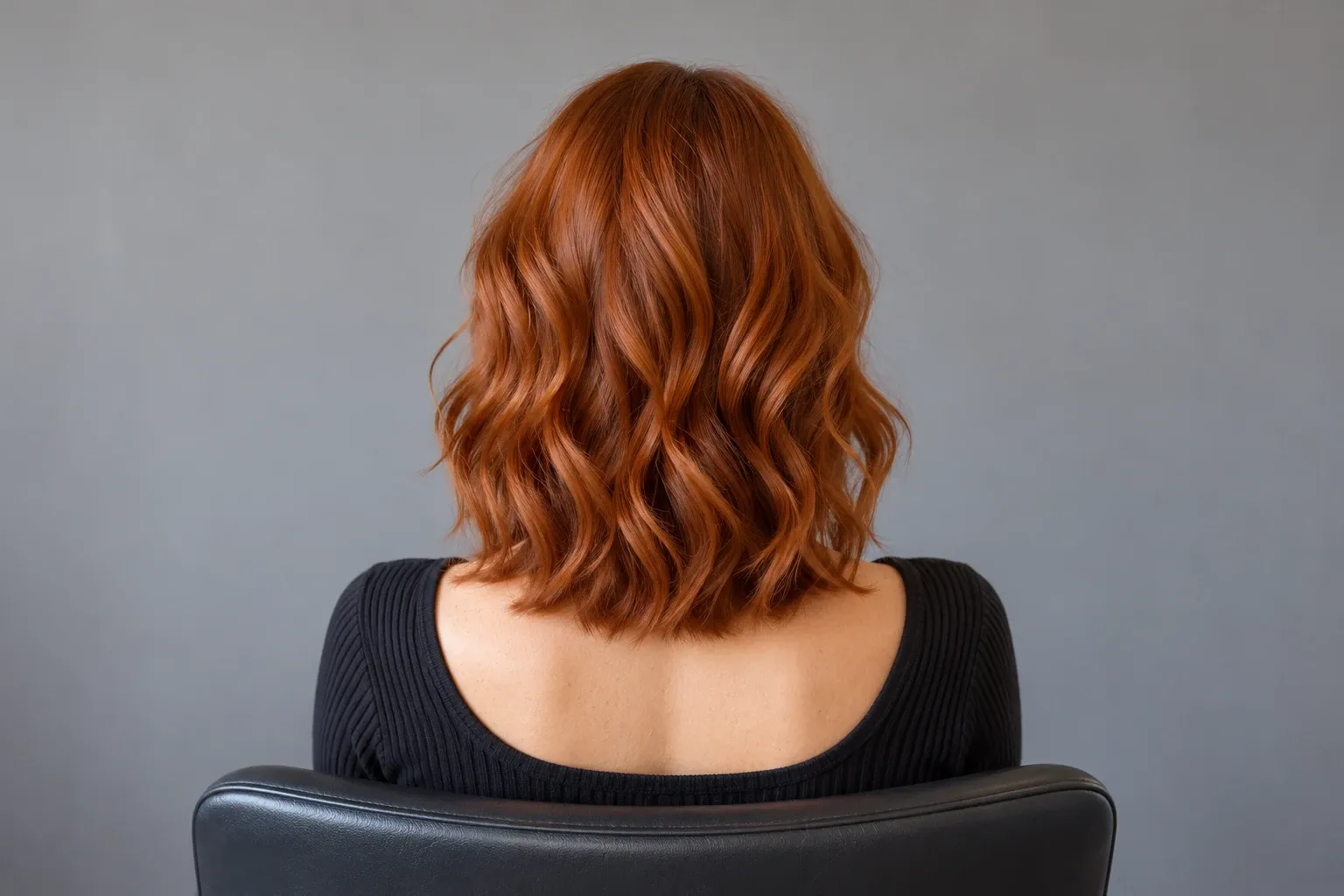 Shoulder-length wavy copper hair on a seated person against gray background