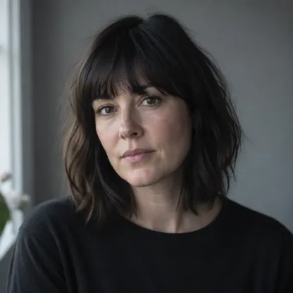 Portrait of a woman with dark shoulder-length hair and a fringe