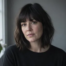 Portrait of a woman with dark shoulder-length hair and a fringe