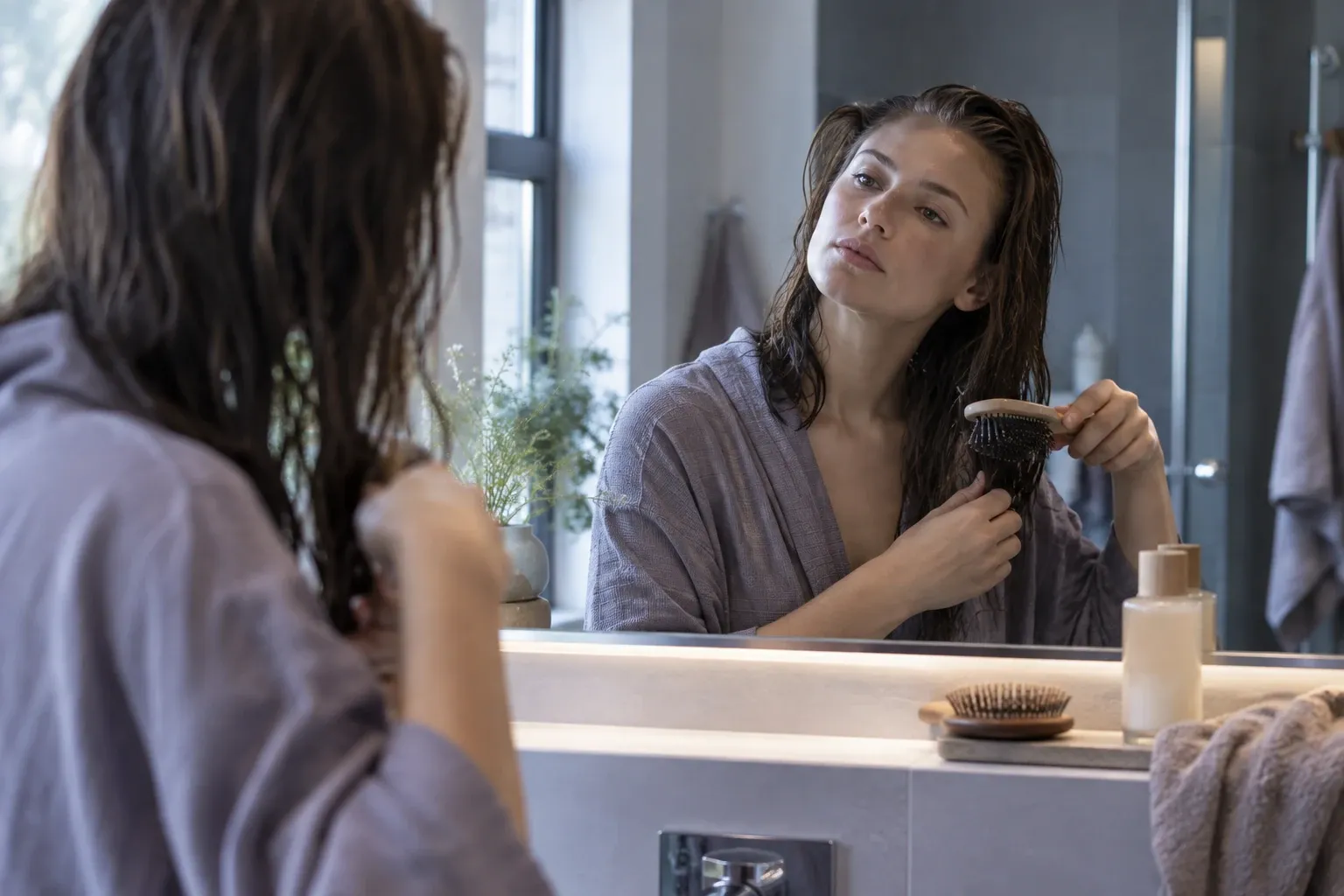 Woman in bathrobe brushing wet hair while looking into bathroom mirror