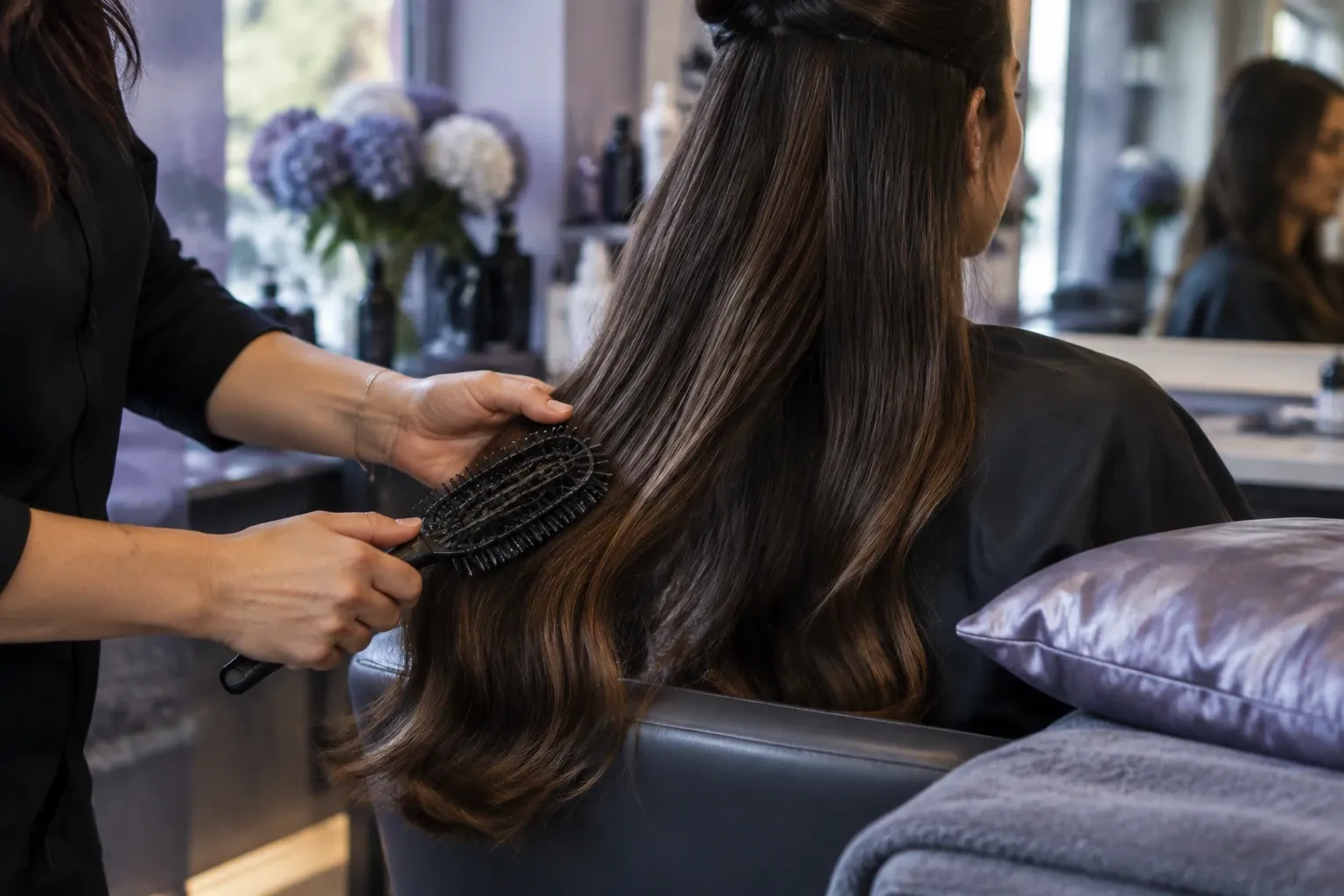 Stylist brushing long dark hair extensions on seated client in salon setting