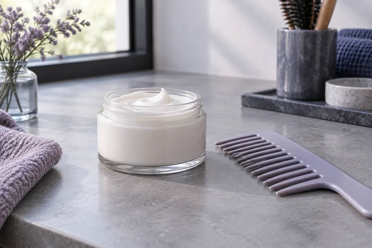 Jar of white hair mask cream on countertop beside wide-tooth comb and towel