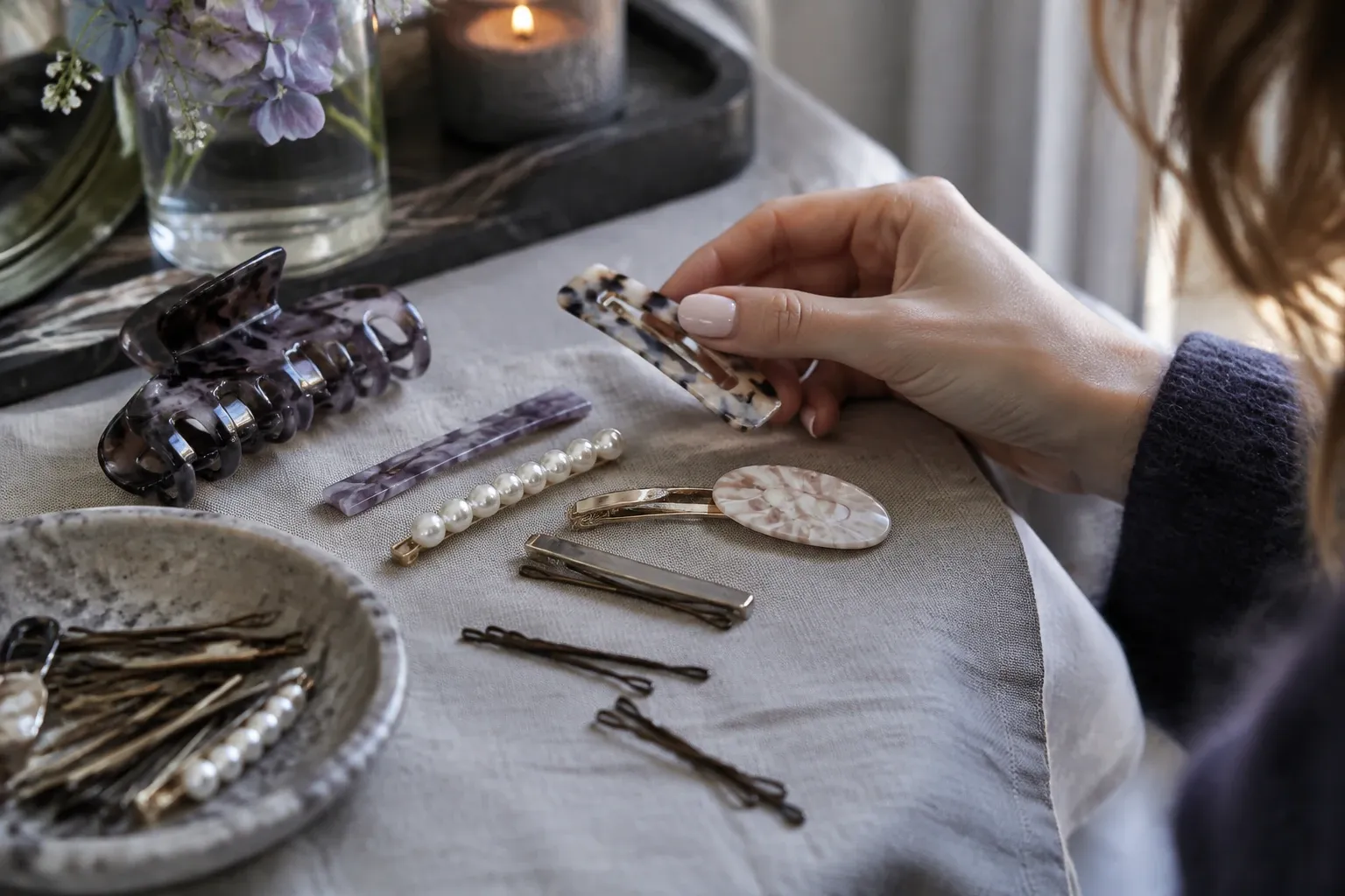 Hand arranging assorted hair slides and bobby pins on cloth-covered table