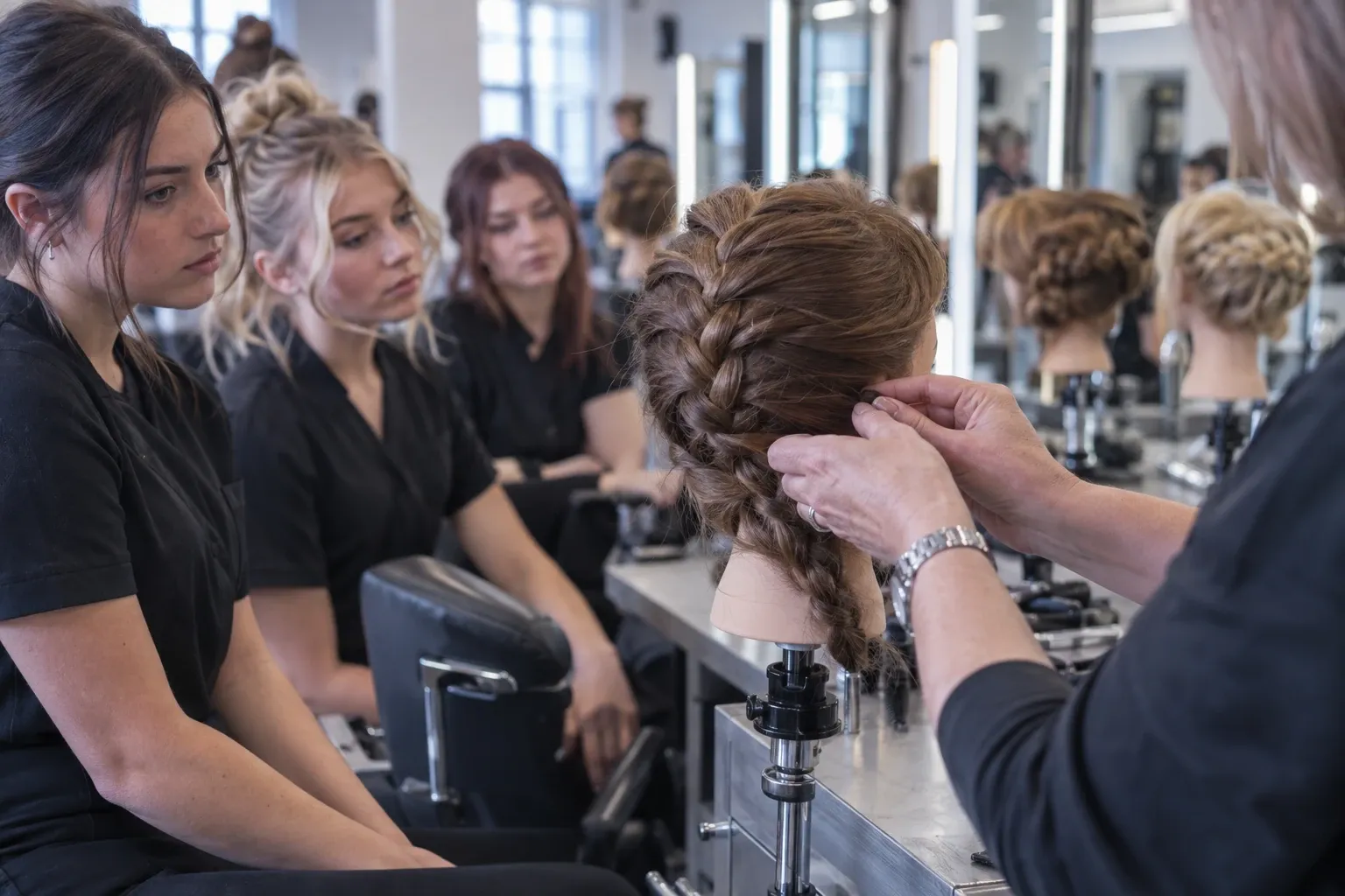 Students watch instructor braid a mannequin head in a hairdressing classroom session