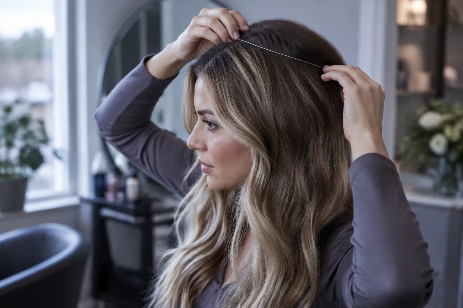 Woman positioning a halo hair extension wire over her styled long blonde balayage hair