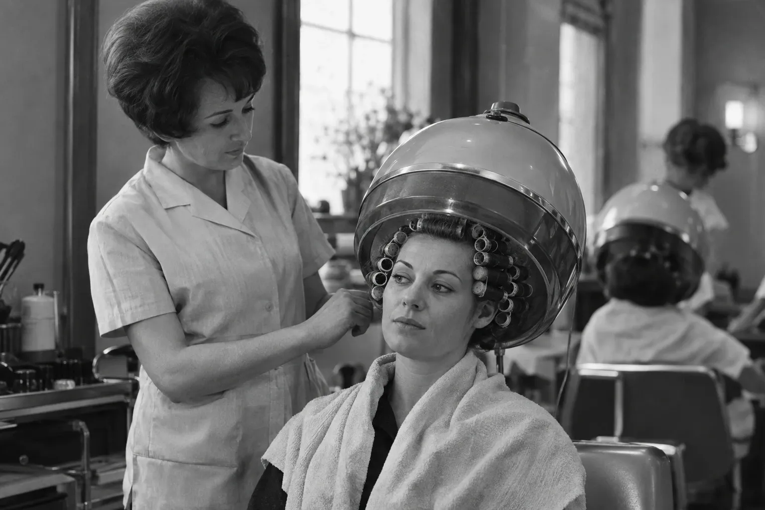 Woman getting a perm under salon hood dryer while stylist adjusts hair rollers