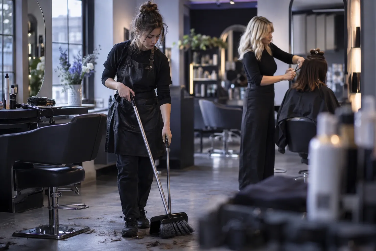 Young hairstylist sweeping hair from salon floor while colleague styles a client's hair