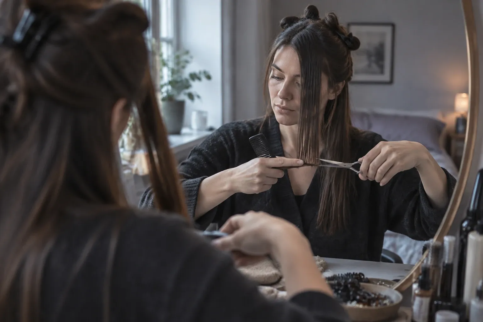 Woman cutting her long hair using scissors and comb in front of mirror