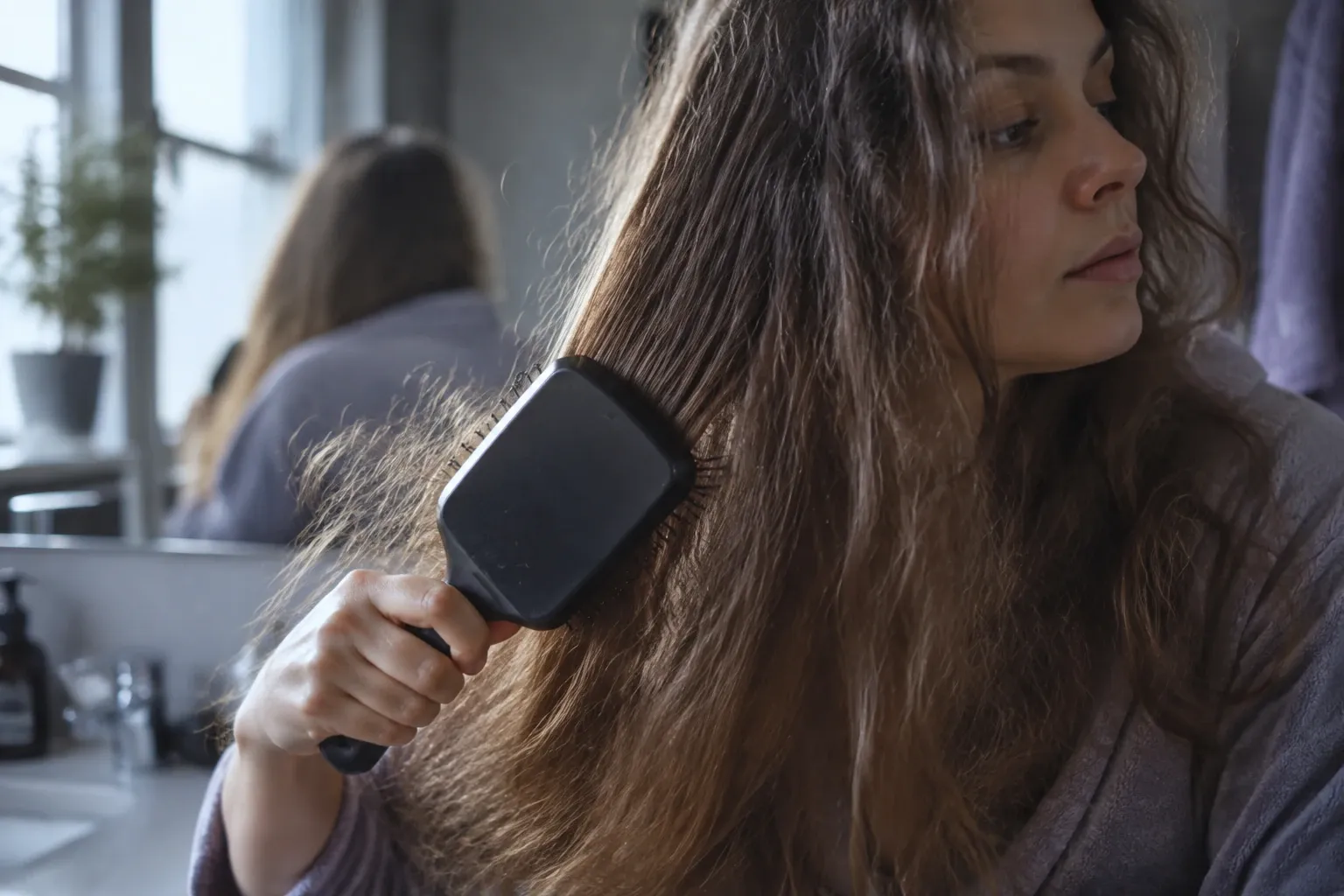 Woman brushing long frizzy hair with paddle brush in dim bathroom light