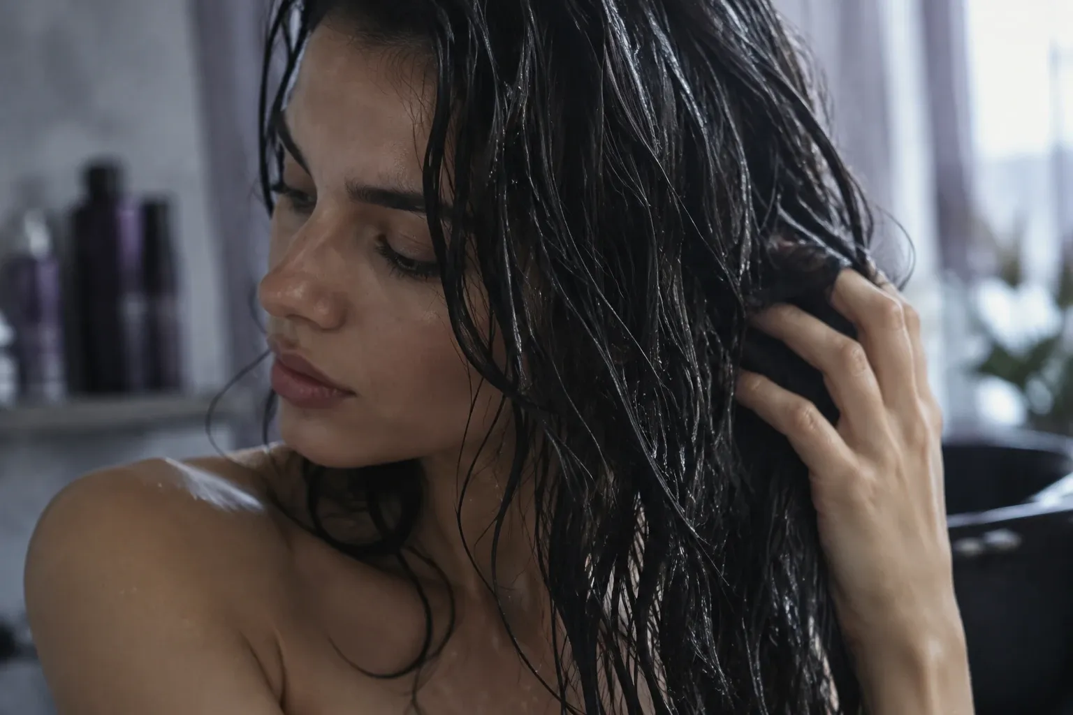 Woman with wet dark hair running fingers through strands in softly lit bathroom