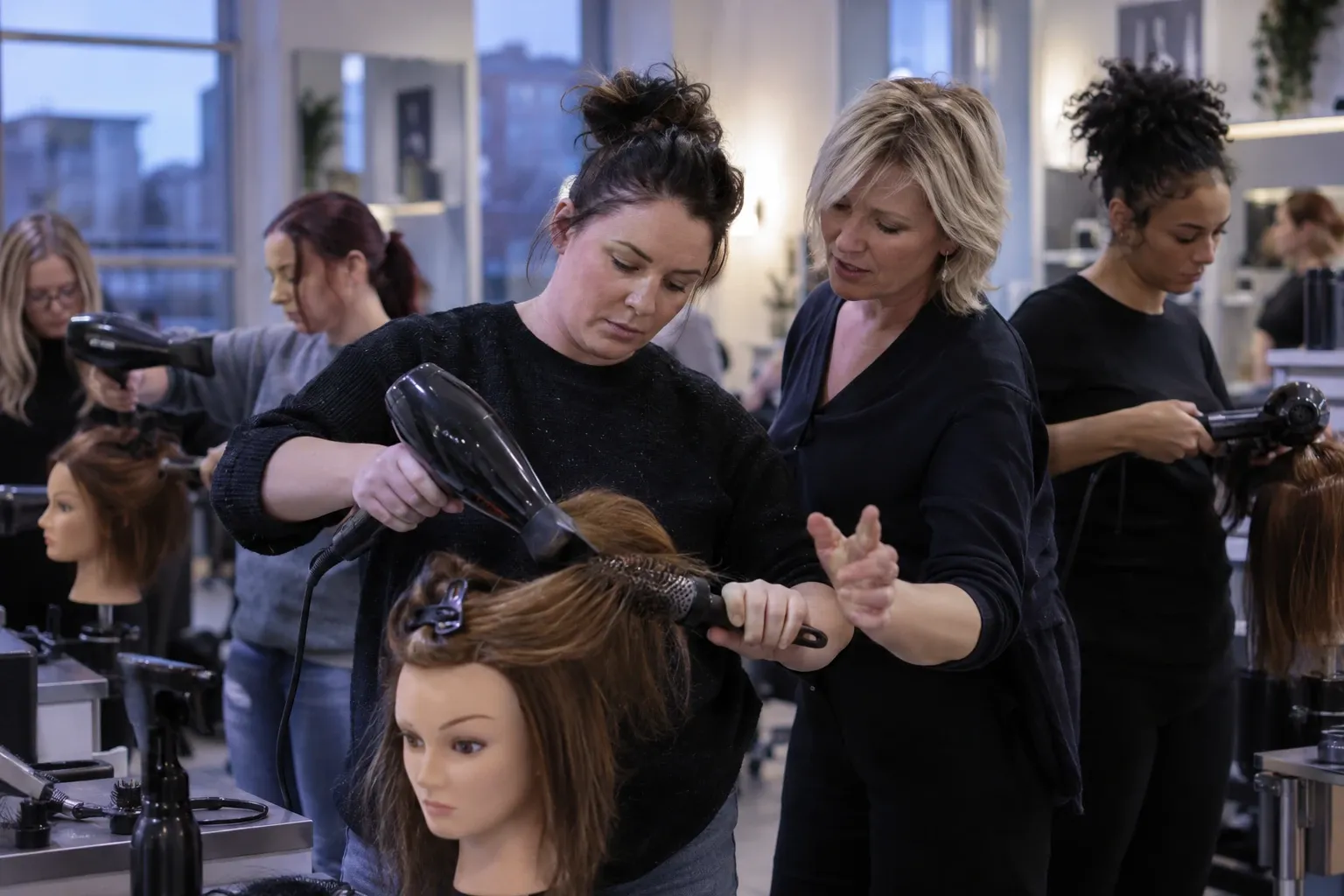 Instructor guiding student blow-drying and round-brushing a mannequin head in salon training