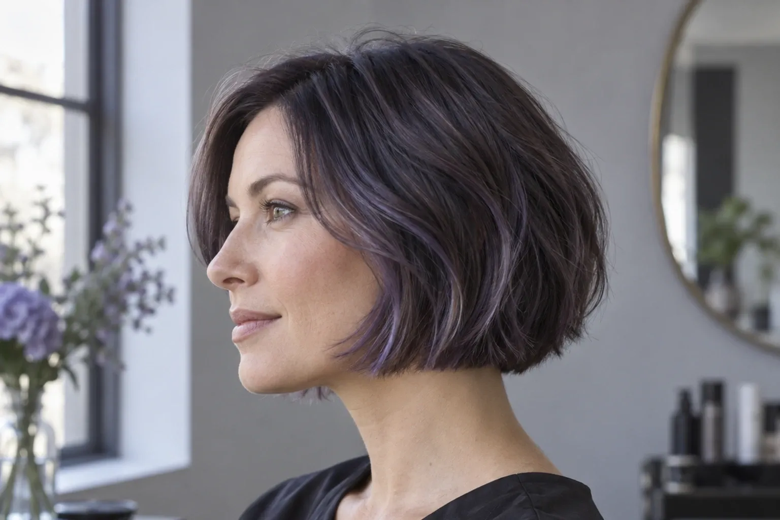 Woman with chin-length textured bob with subtle purple highlights in salon setting