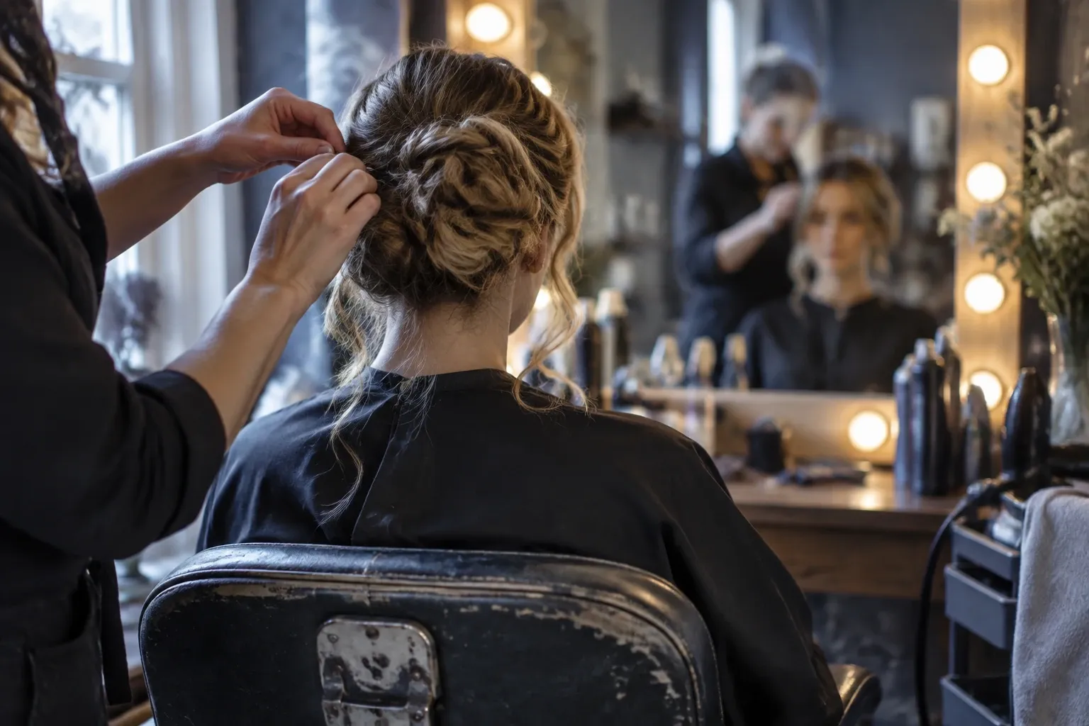 Stylist pinning a braided low bun on woman seated in vintage salon chair
