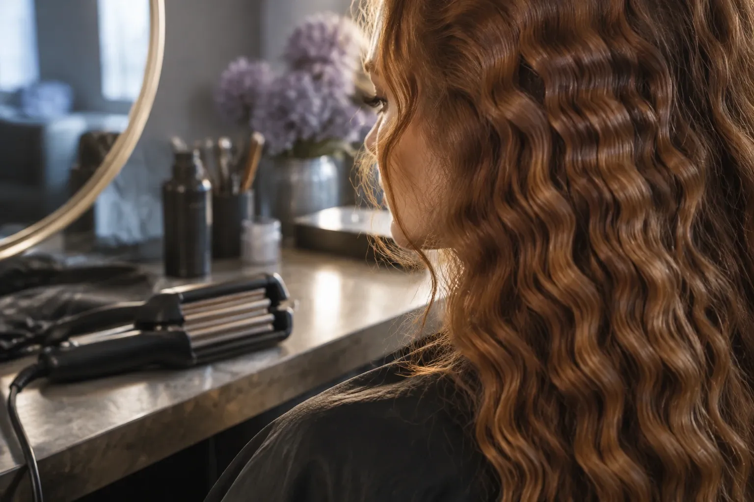 Woman with long crimped auburn hair seated at salon station with styling tool