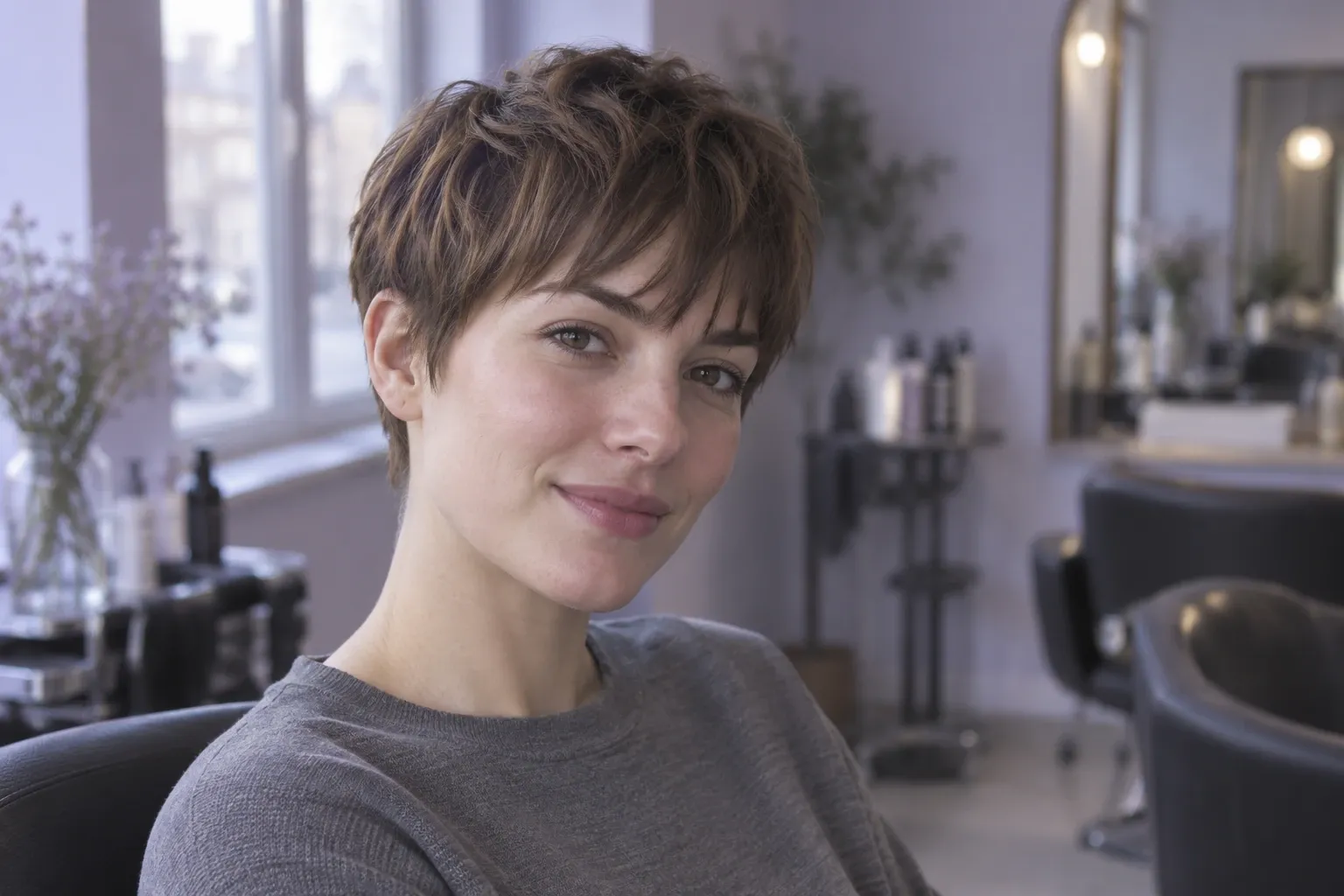 Young woman with textured short fringe haircut smiling in a bright salon setting