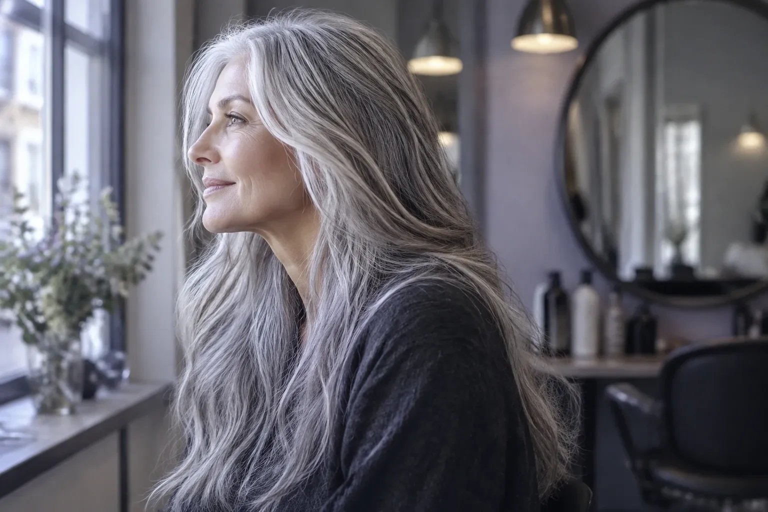 Middle-aged woman with long silver-grey hair gazing out salon window, soft natural light