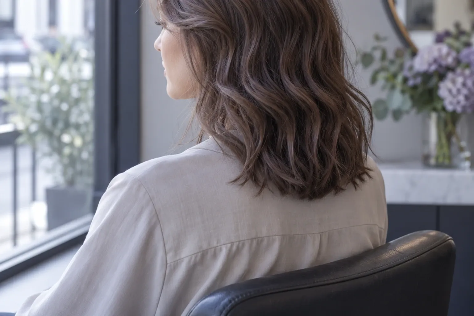 Shoulder-length wavy brown hair on seated woman viewed from behind in salon light